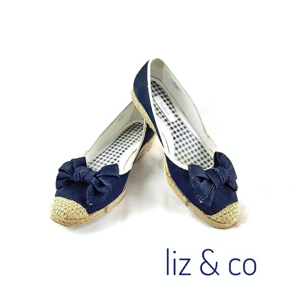 Denim Wedge Espadrilles Flats with Bow LIZ & CO Sz 8.5M Preppy Coastal Nautical - Picture 1 of 9